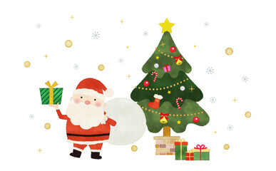 サンタクロースとクリスマスツリーの水彩風イラスト