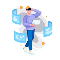 Learning in metaverse vector illustration. Cartoon man with VR glasses studying or working with round hologram and futuristic digital interface with science charts, metaverse simulator for study
