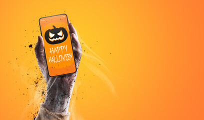 Zombie holding a smartphone with Halloween wishes