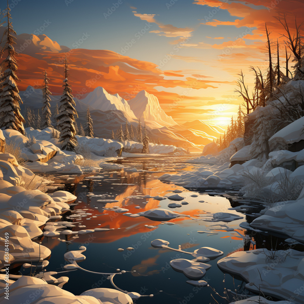 Wall mural sunset over the snow mountains