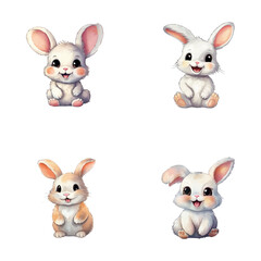 set of cute rabbit watercolor illustrations for printing on baby clothes, sticker, postcards, baby showers, games and books, Safari jungle animals vector