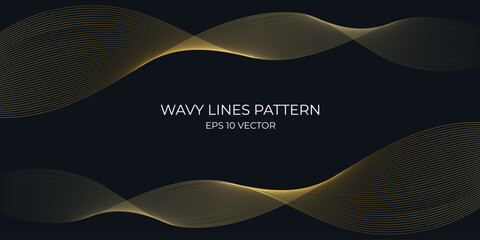 Vector wavy lines pattern smooth curve flowing gold gradient light isolated on navy background. Concept for technology, digital, communication, science, music. - obrazy, fototapety, plakaty