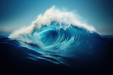A powerful wave crashes against a sturdy rock, illustrating the elemental encounter between water...