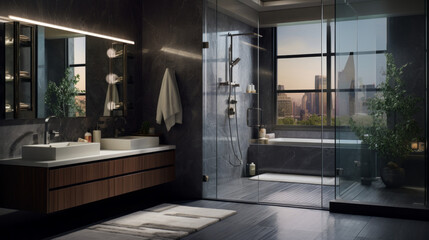 Obraz premium A bathroom with a walk-in shower, dual rainfall showerheads, mosaic tile accents, a floating vanity with double sinks, and a heated towel rack