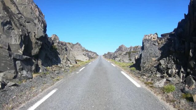 POV footage of driving through rugged landscape in Norway