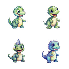 set of cute dinosaur watercolor illustrations for printing on baby clothes, sticker, postcards, baby showers, games and books, Safari jungle animals vector