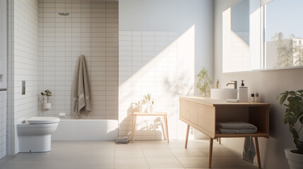 Fototapeta na wymiar A bathroom with white tiles, a shower, a toilet, and a sink