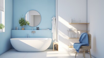 Interior of modern luxury scandi bathroom with window, white and blue walls. Free standing bathtub, round wall mirror, chair, houseplant. Contemporary home design. 3D rendering.