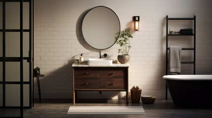 A bathroom with white tiled walls, a black tub, and a wood vanity