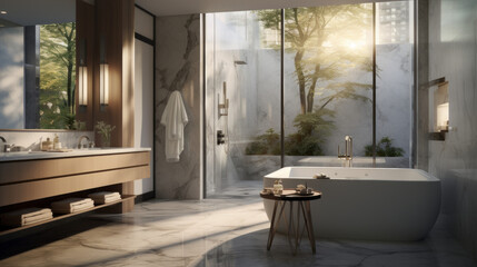 Fototapeta premium A bathroom with a spa-like ambiance, a glass-enclosed rain shower, a deep soaking tub, marble walls, a floating vanity with under-cabinet lighting, and fresh eucalyptus 