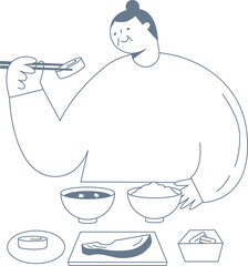 An elderly woman eating Japanese food with a smile.