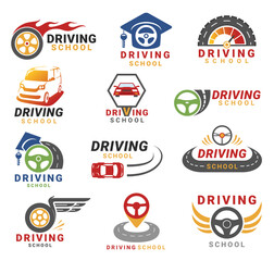 Driving school colored business logo set design template with wheels and cars vector flat © Vikivector