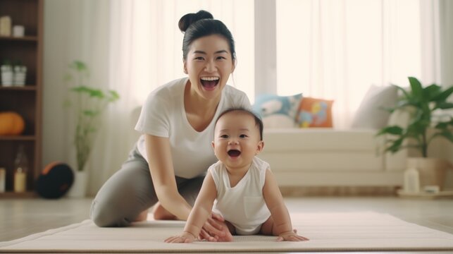 Asian mom playing to adorable infant baby on yoga mat