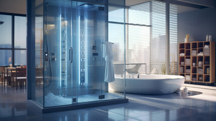 A bathroom with a glass-enclosed steam shower, a freestanding bathtub and heated floors - obrazy, fototapety, plakaty