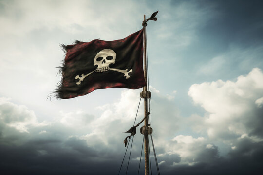 Pirate Flag Hanging From Top Of Mast On Sky Background Created Using Artificial Intelligence