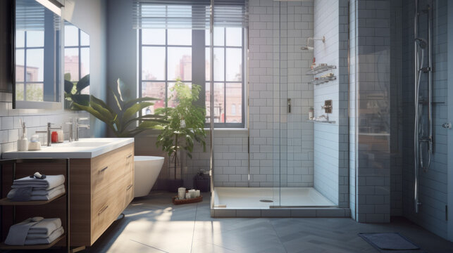  A bathroom with a glass-enclosed walk-in shower, subway tile walls, a floating vanity with a concrete countertop, and a mosaic tile accent wal
