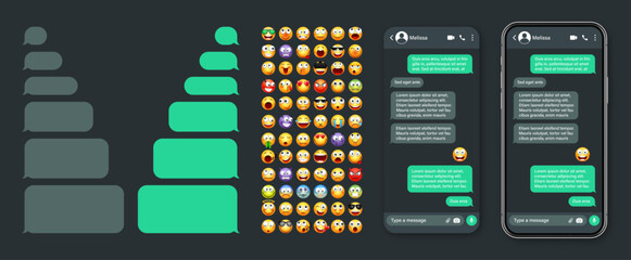 Smartphone messaging app, user interface with emoji. SMS text frame. Chat screen, green message bubbles. Texting app for communication. Social media application. Dark mode. Vector illustration