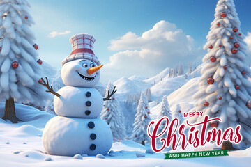 Obraz premium Snowman with christmas tree and happy new year background