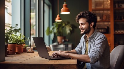 A young man is smiling and typing on a laptop in his home. - obrazy, fototapety, plakaty