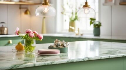 Interior of modern classic kitchen with green facades and kitchen island. Marble countertops, flowers in a vase, fresh fruits, various crockery, vintage pendant lamps. Contemporary home design.