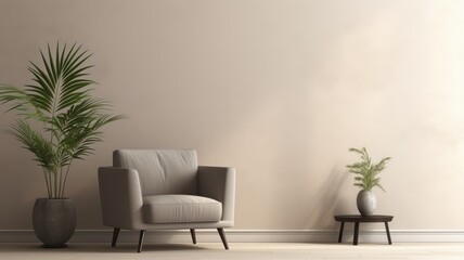 Fragment of modern minimalist monochrome living room in gray tones. Trendy armchair, coffee table, decorative houseplant in a floor pot. Creative interior design. Mockup, 3D rendering.