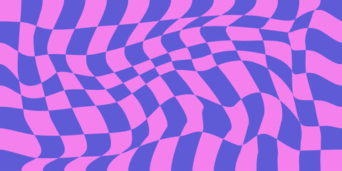 Groovy psychedelic wavy chessboard seamless pattern. Hippie twisted gingham checkerboard background. 