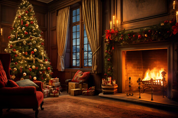 A cozy living room with a fireplace, a Christmas tree and gifts