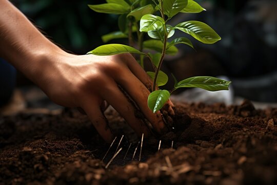 Planting a small tree or plant in the soil 