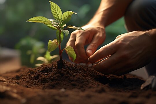 Planting a small tree or plant in the soil 