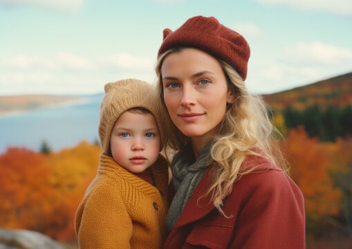 On a beautiful autumn day, a woman and her young daughter stand smiling outdoors, fashionably dressed in a red bonnet and scarf, surrounded by nature's splendor
