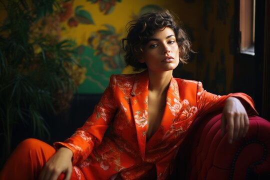 Fictional Stylish Woman Model Wearing an Elegant  Flashy Colored Floral Suit Dress. Arrogant Boss Girl Sitting on a Sofa. Generative AI. 