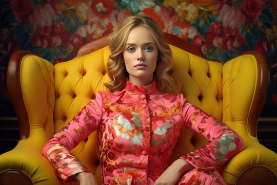 Fictional Stylish Woman Model Wearing an Elegant  Flashy Colored Floral Suit Dress. Generative AI. 