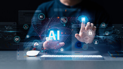 Technology tool AI for data analysis. A data analyst using technology smart robots, chat bot, and...