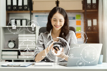 Business woman using computer and smartphone on CO2 emission reduction concept with global warming icon. along with climate, energy, sustainability, environment.