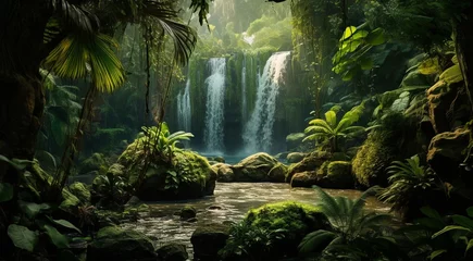 Fotobehang waterfall in forest, waterfall in the jungle, tropical landscape in the jungle, plants and green trees in the jungle, waterfall with lake in the forest © Gegham