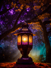 islamic lantern Arabic decoration standing in the magical light of trees