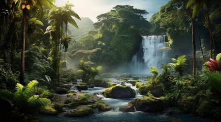 Fototapeta na wymiar waterfall in forest, waterfall in the jungle, tropical landscape in the jungle, plants and green trees in the jungle, waterfall with lake in the forest