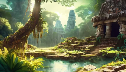 Gordijnen Forest Mayan style ancient culture. Mayan civilization forest cave. Concept art illustration painting of a beautiful ancient temple in the jungle. © Frozen Design