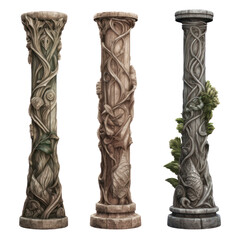 Set of architectural elements in elven style: carved wooden columns, pillars in patterns. No background, isolate, png