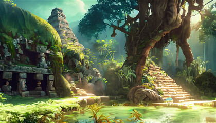 Forest Mayan style ancient culture. Mayan civilization forest cave. Concept art illustration painting of a beautiful ancient temple in the jungle. - obrazy, fototapety, plakaty