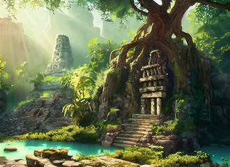 Sierkussen Forest Mayan style ancient culture. Mayan civilization forest cave. Concept art illustration painting of a beautiful ancient temple in the jungle. © Frozen Design