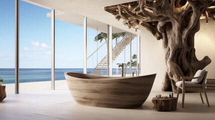 A beachfront bathroom with a freestanding soaking tub, driftwood accents, and panoramic ocean view