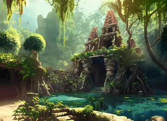 Fototapeten Forest Mayan style ancient culture. Mayan civilization forest cave. Concept art illustration painting of a beautiful ancient temple in the jungle. © Frozen Design