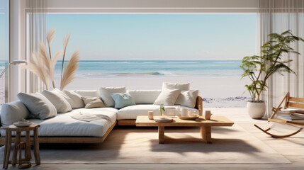 A beachfront living room with panoramic windows, nautical decor, and sandy beach access 