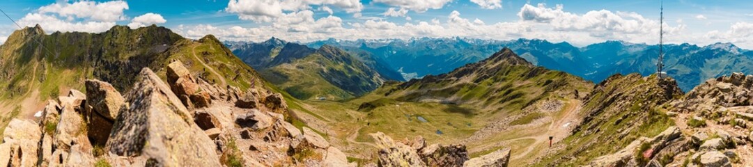 High resolution stitched alpine summer panorama at Mount Kreuzjoch, Schruns, Bludenz, Montafon, Vorarlberg, Austria - obrazy, fototapety, plakaty