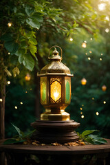 an Arabic lantern stands on the wooden podium with green leaves background