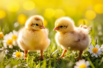 Kissenbezug Cute two small chicken at spring. Adorable birds. Generate Ai © nsit0108
