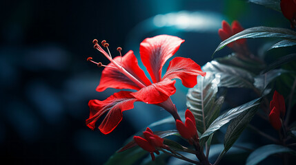 A beautiful tropical vine with long thin leaves and a single red blossom