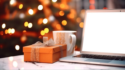 Laptop on desk with blank screen, Christmas tree and gifts in background, clipping path included. Festive home office.