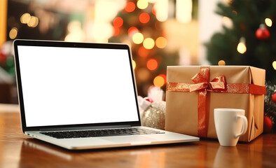 Laptop on desk with blank screen, Christmas tree and gifts in background, clipping path included. Festive home office.